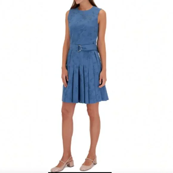 Akris Punto | Dresses | 39 Nwt Akris Punto Blue Denim Pleated Eyelet Shift  Midi Tank Dress Size 10 | Poshmark